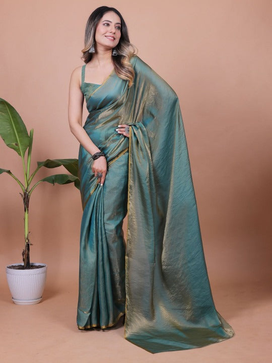 Sea Green Linen Cotton Saree with Unstitched Blouse