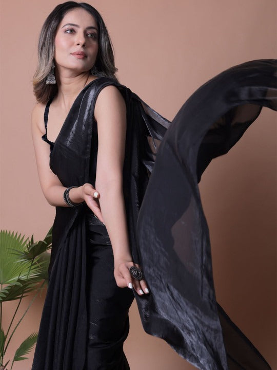 Black Linen Cotton Saree with Unstitched Blouse