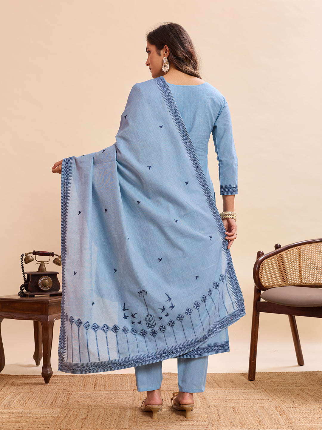 Sky Blue Pure Cotton Jacquard Kurti Pant Dupatta Set | Designer Ethnic Suit | Premium Office & Daily Wear