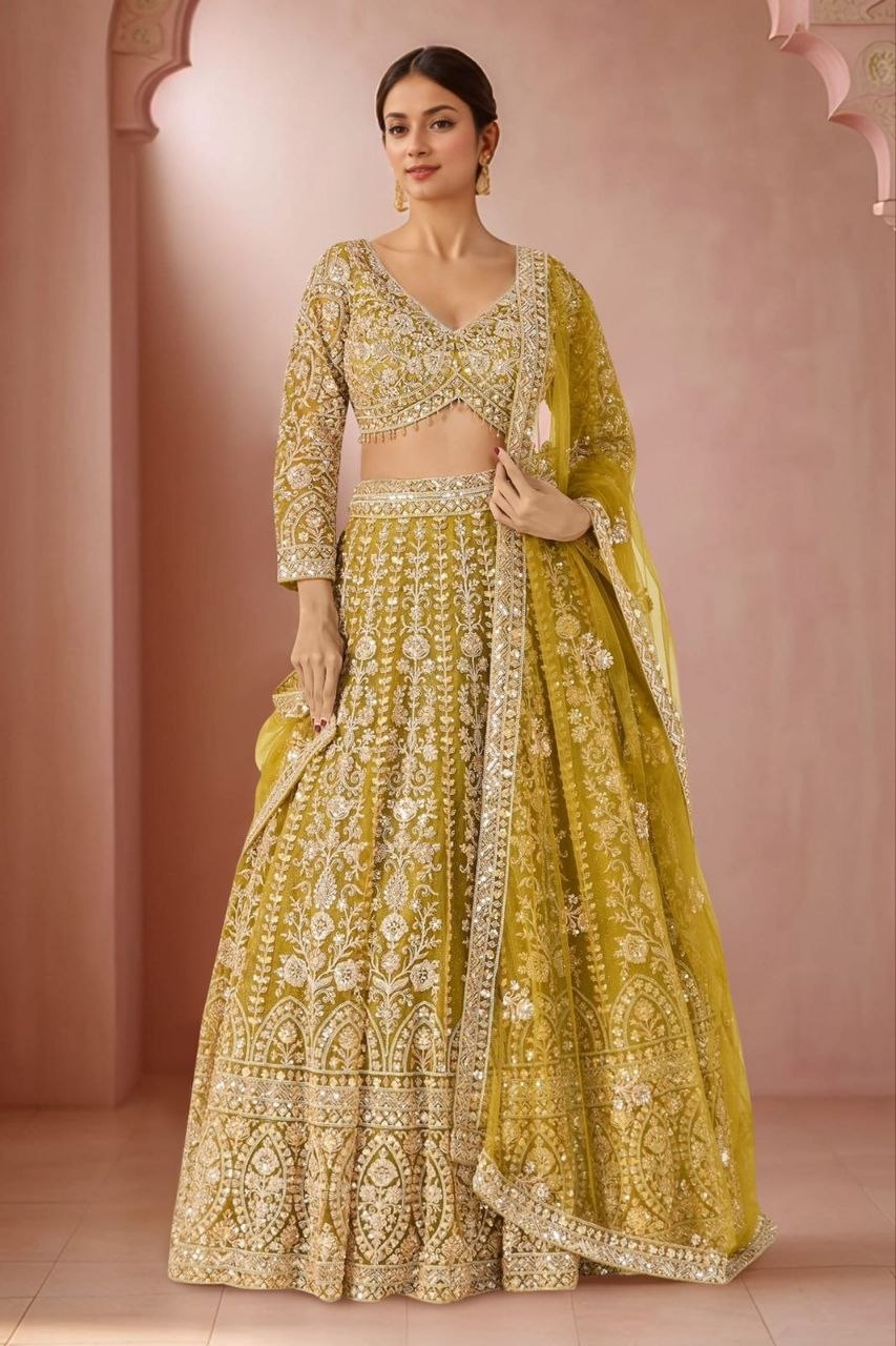 Premium Mustard Yellow Embroidered Lehenga Choli with Dori & Sequin Work
