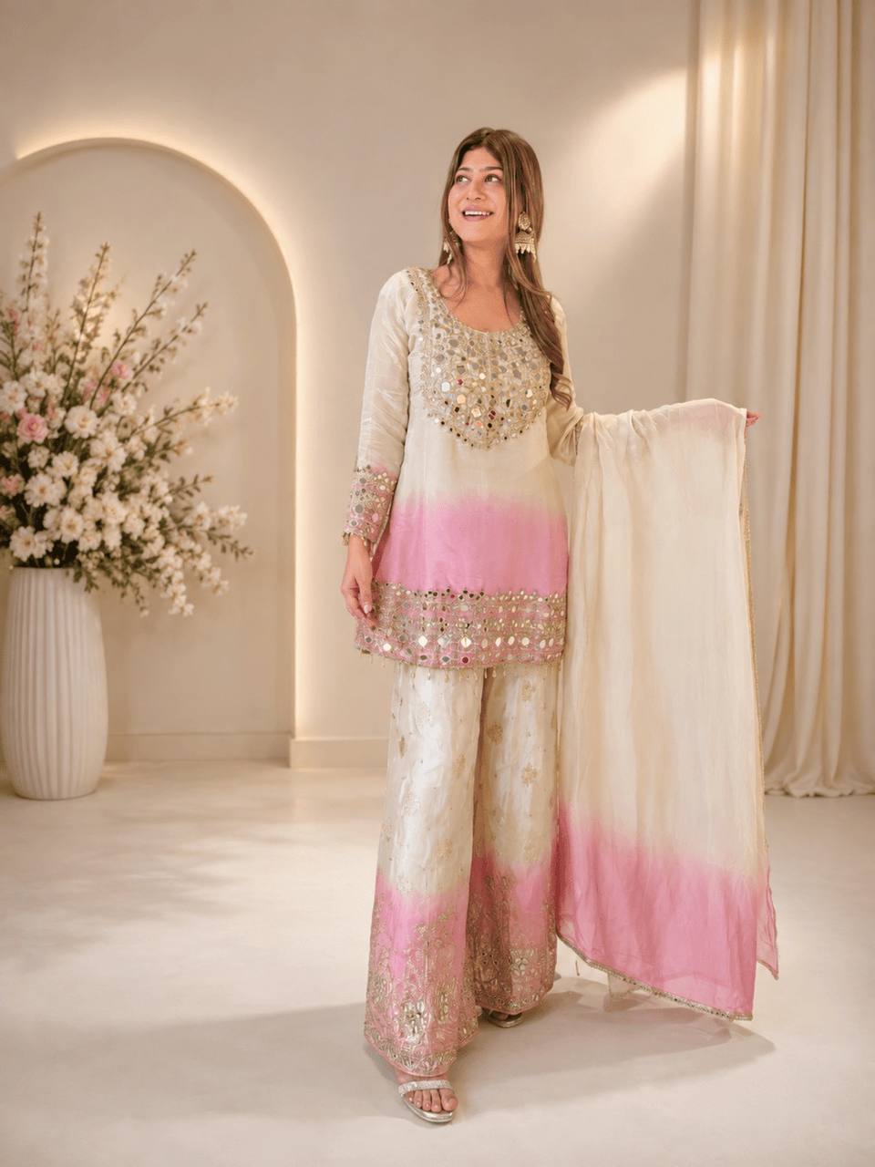 Blush Mirror Magic – Star Georgette Palazzo Suit