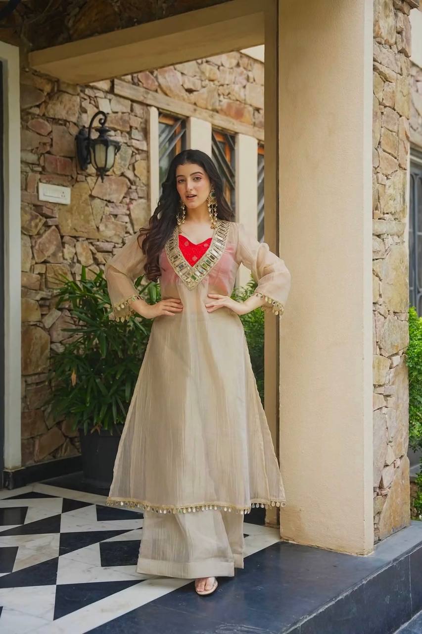 Premium Salsa Silk Anarkali Kurta Set with Original Mirror Work