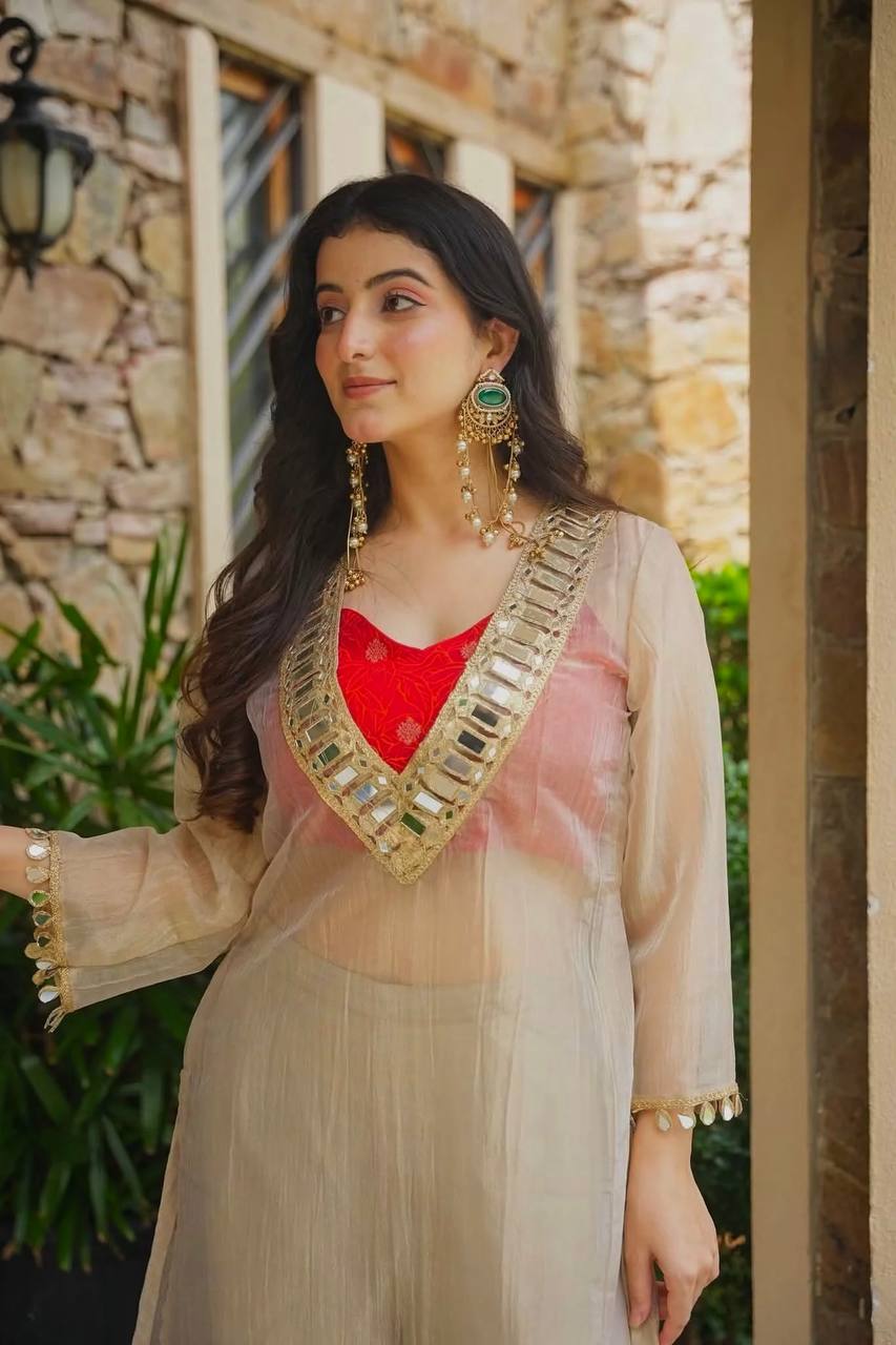 Premium Salsa Silk Anarkali Kurta Set with Original Mirror Work