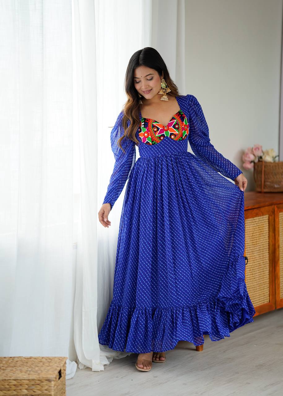 Designer Georgette Printed Gown With Chain-Stitch Work