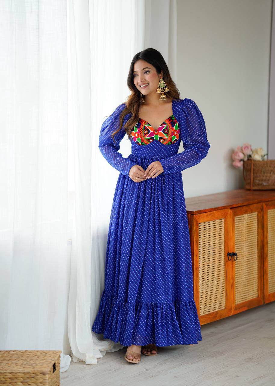 Designer Georgette Printed Gown With Chain-Stitch Work