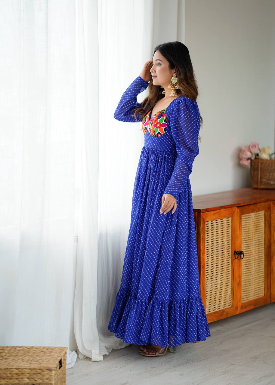 Designer Georgette Printed Gown With Chain-Stitch Work