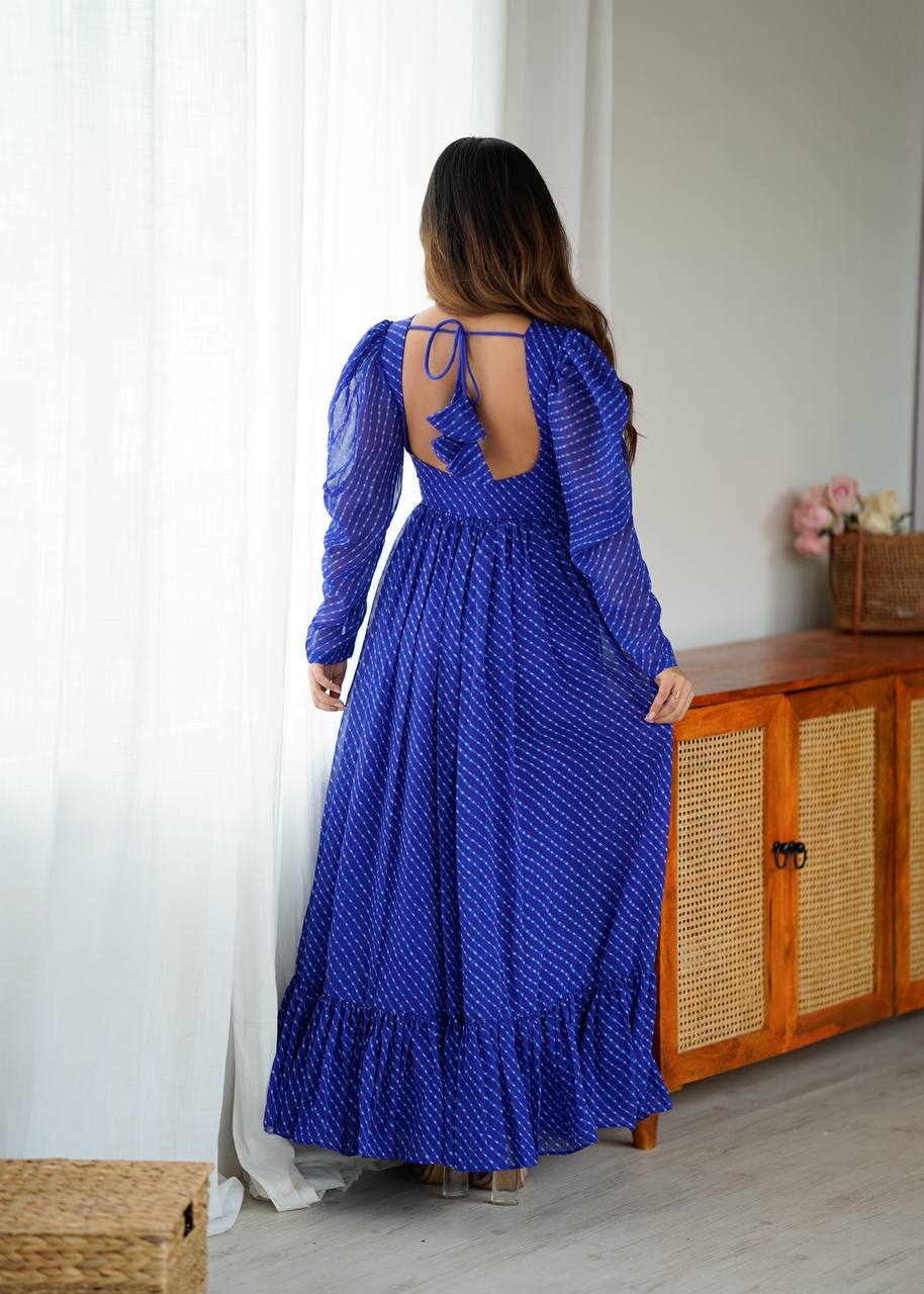 Designer Georgette Printed Gown With Chain-Stitch Work