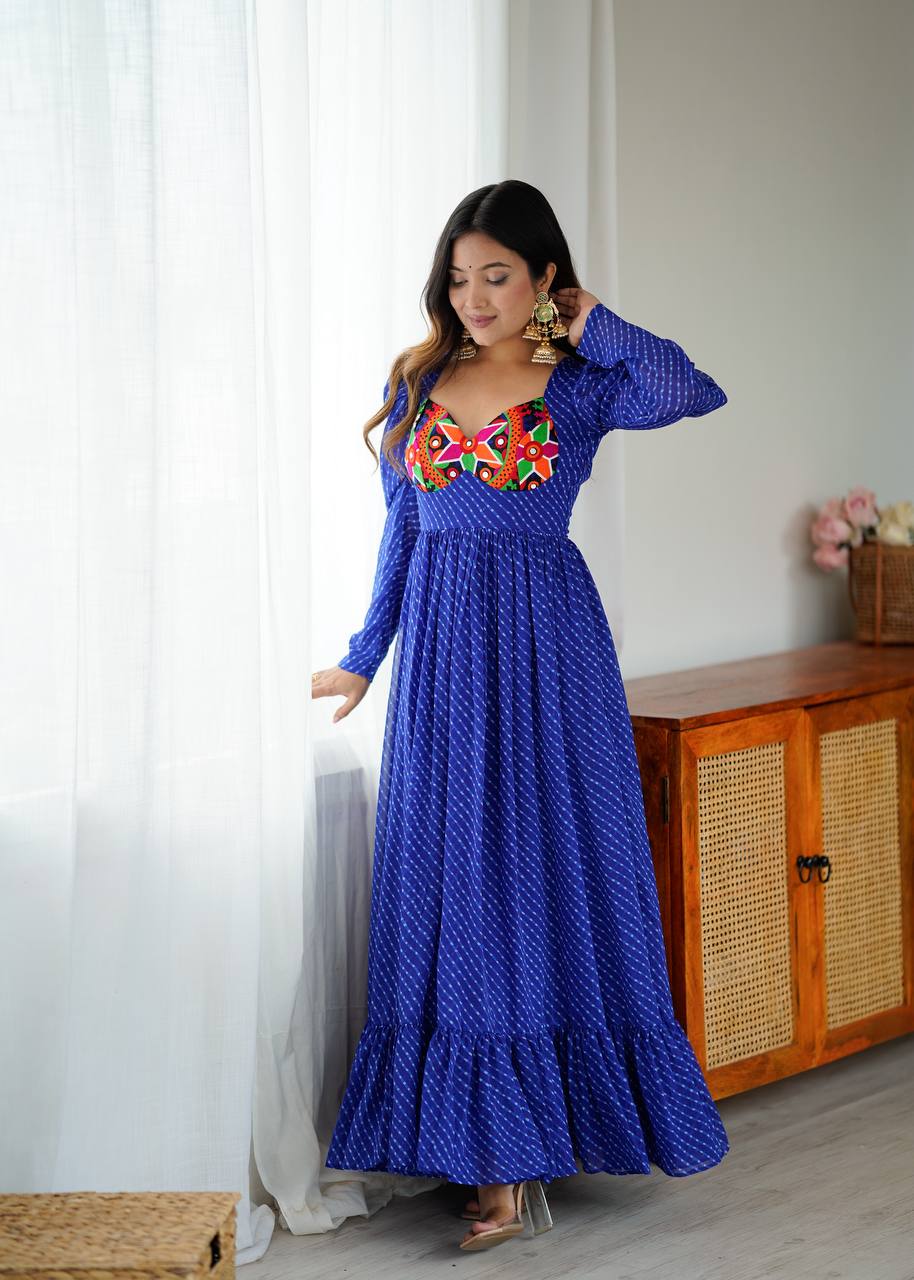 Designer Georgette Printed Gown With Chain-Stitch Work