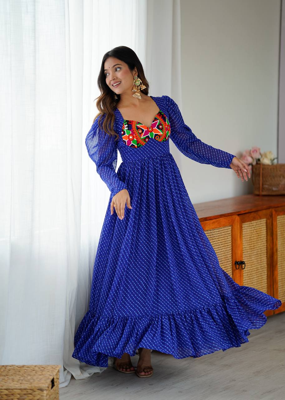 Designer Georgette Printed Gown With Chain-Stitch Work