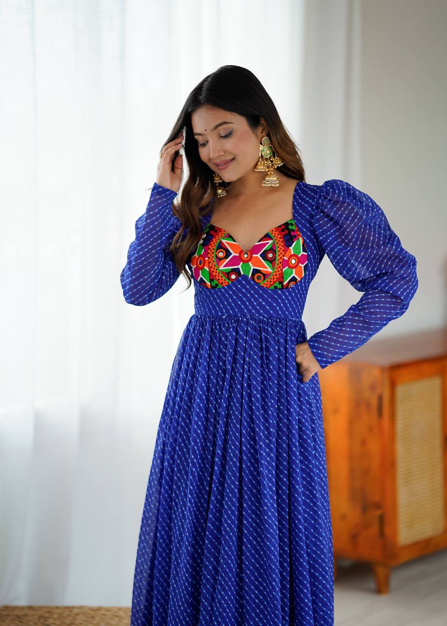 Designer Georgette Printed Gown With Chain-Stitch Work
