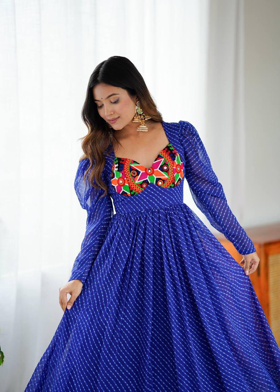 Designer Georgette Printed Gown With Chain-Stitch Work