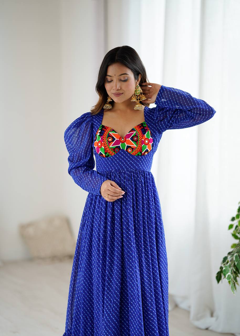 Designer Georgette Printed Gown With Chain-Stitch Work