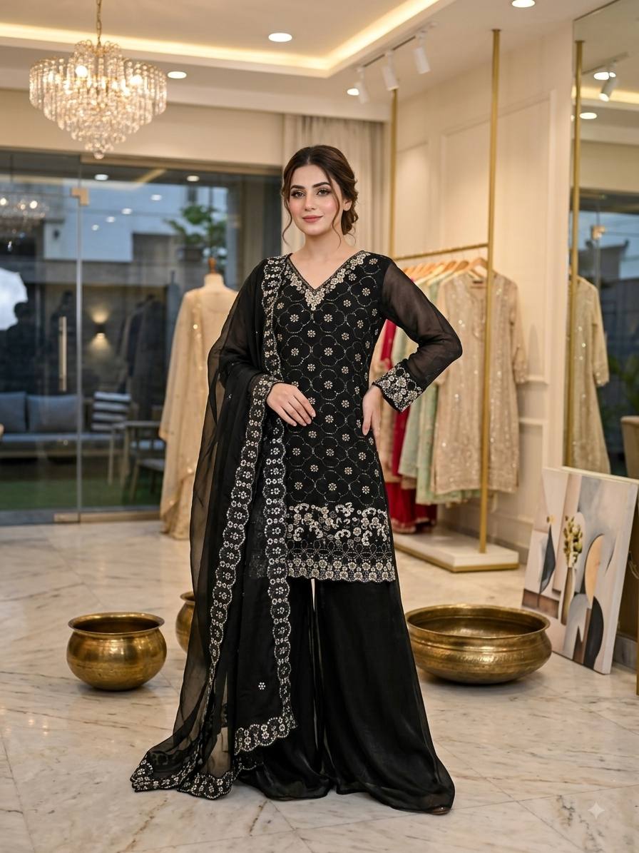 Fendy Embroidered Kurti Palazzo Set with Dupatta