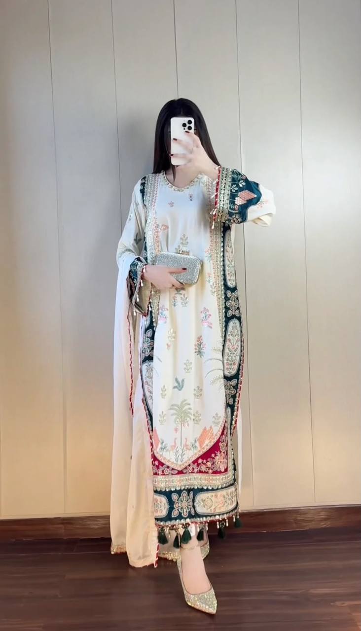 Elegant Star Silk Embroidered Pant Suit with Rangoli Dupatta