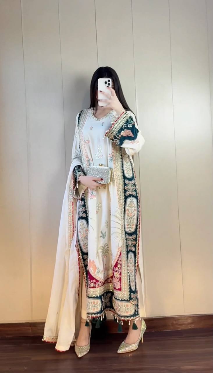 Elegant Star Silk Embroidered Pant Suit with Rangoli Dupatta