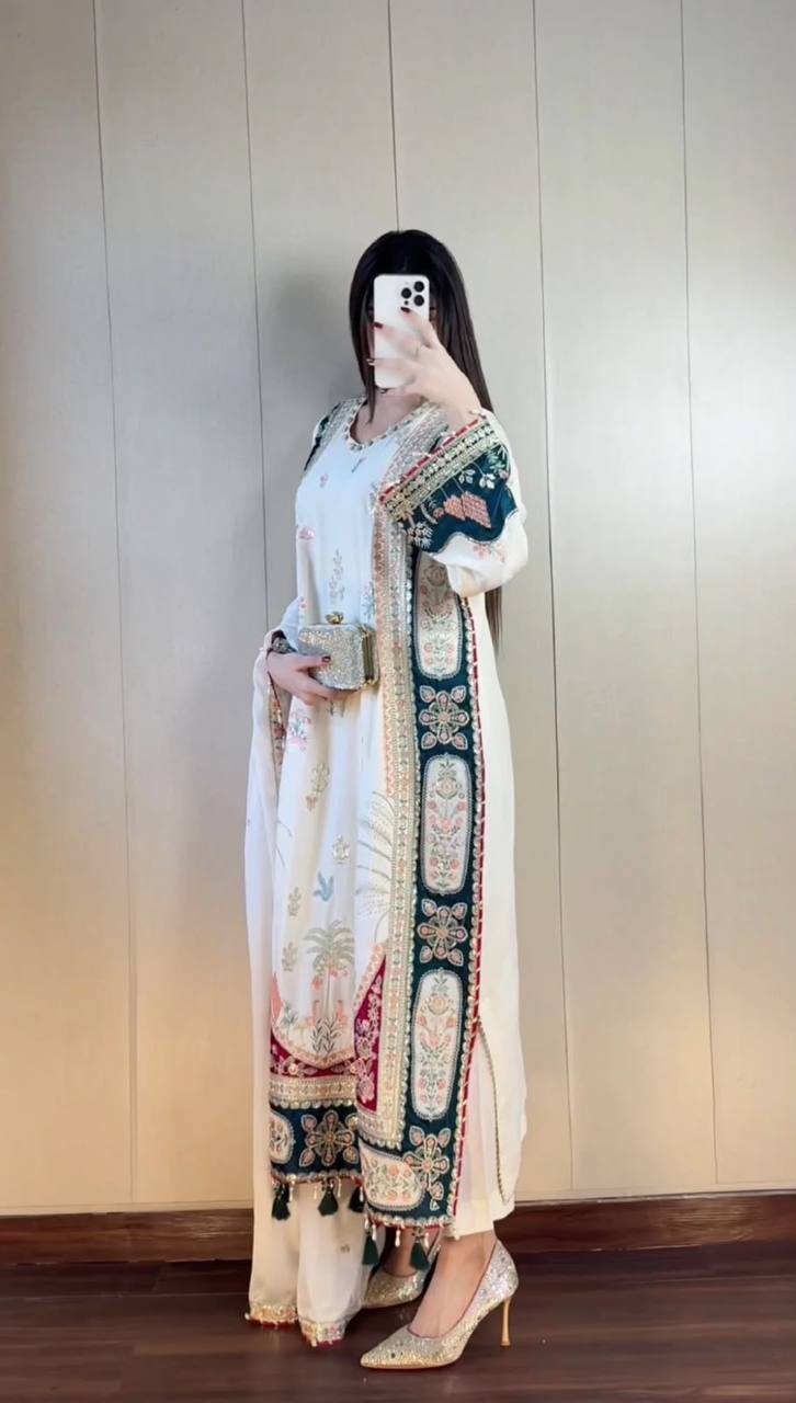 Elegant Star Silk Embroidered Pant Suit with Rangoli Dupatta