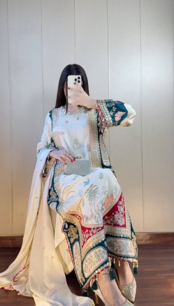 Elegant Star Silk Embroidered Pant Suit with Rangoli Dupatta