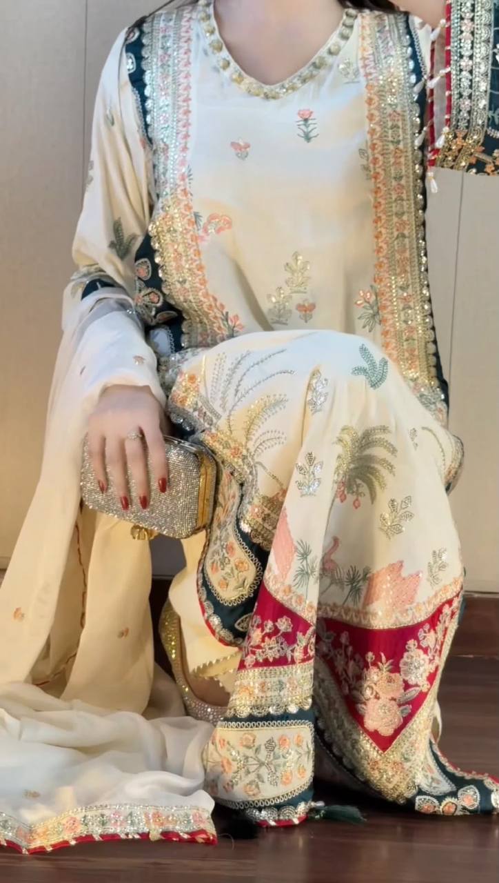 Elegant Star Silk Embroidered Pant Suit with Rangoli Dupatta