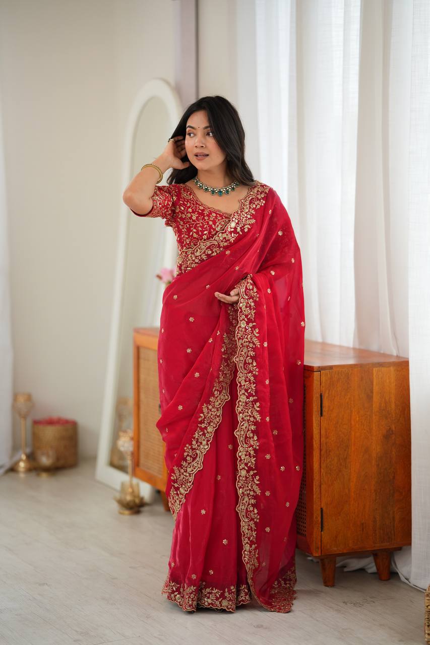 Elegant Heavy Fendy Silk Thread & Sequin Embroidered Saree