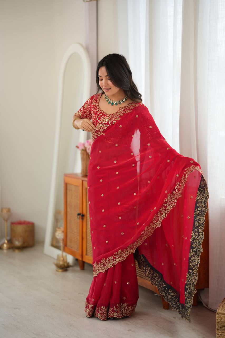 Elegant Heavy Fendy Silk Thread & Sequin Embroidered Saree