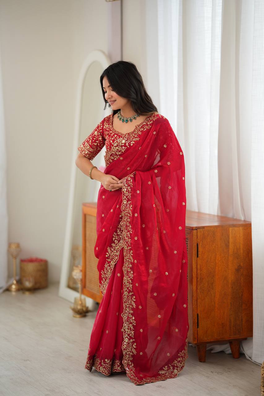 Elegant Heavy Fendy Silk Thread & Sequin Embroidered Saree