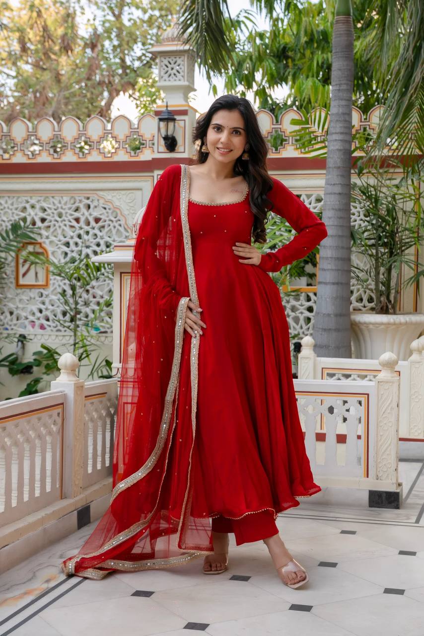 Elegant Red Faux Georgette Anarkali Suit with Hand Work