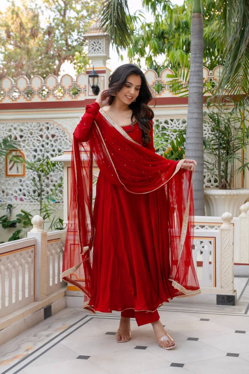 Elegant Red Faux Georgette Anarkali Suit with Hand Work