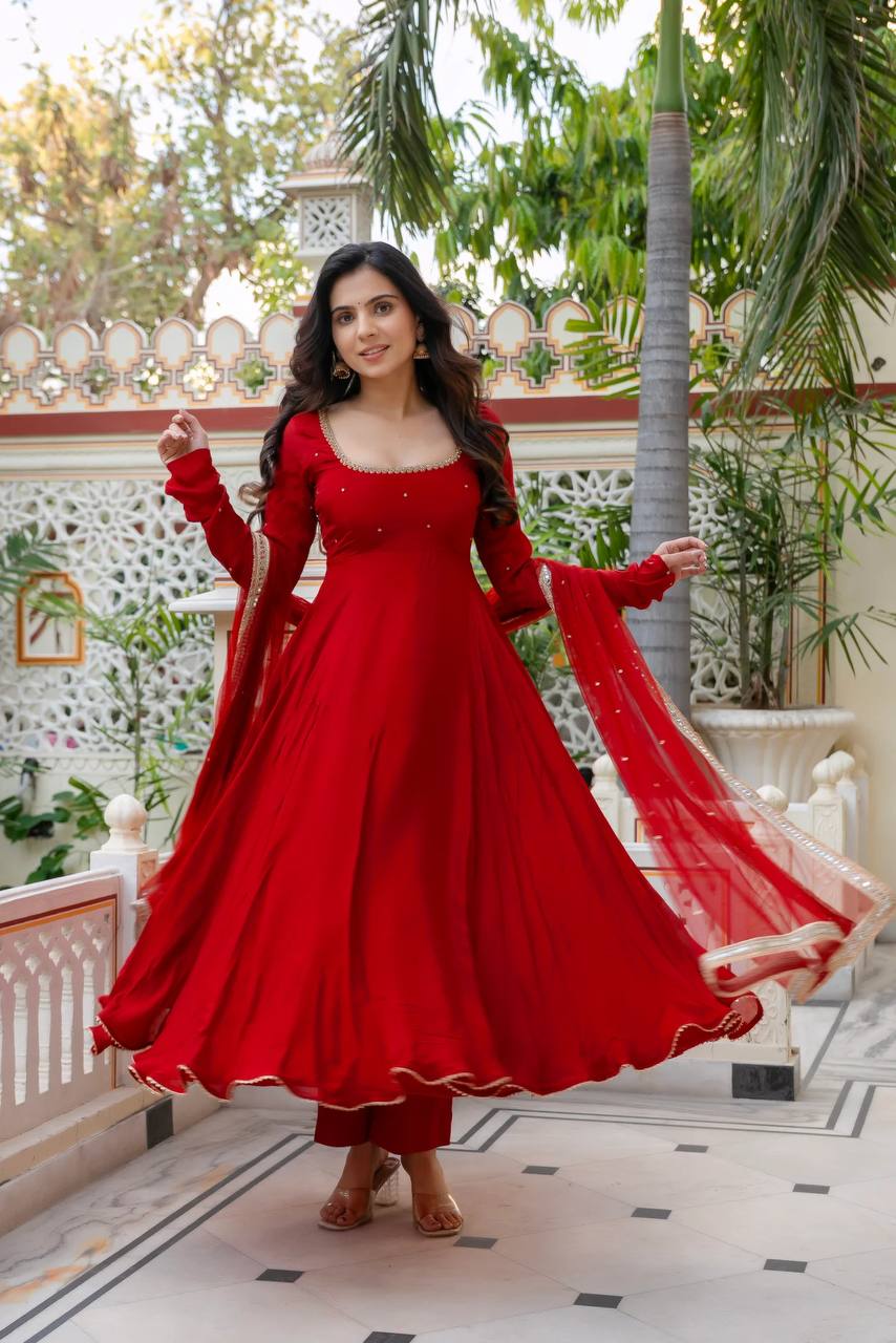 Elegant Red Faux Georgette Anarkali Suit with Hand Work
