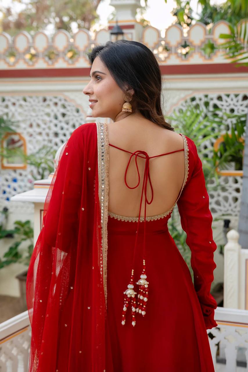 Elegant Red Faux Georgette Anarkali Suit with Hand Work