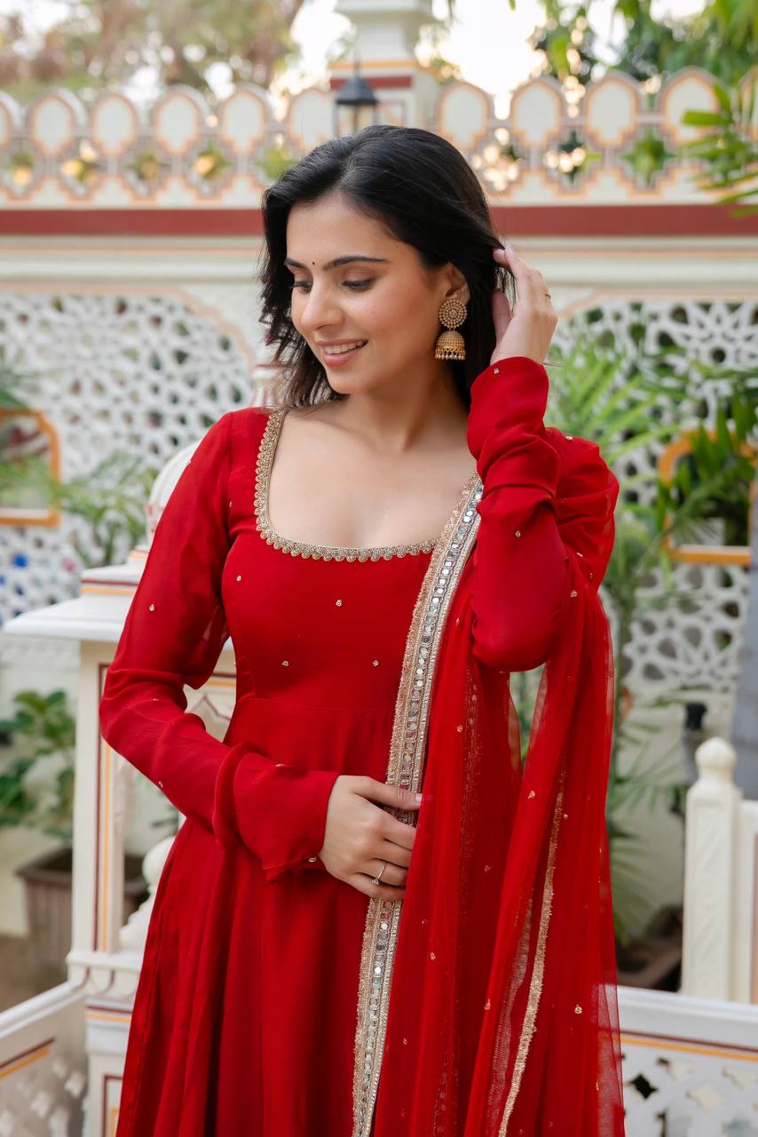 Elegant Red Faux Georgette Anarkali Suit with Hand Work
