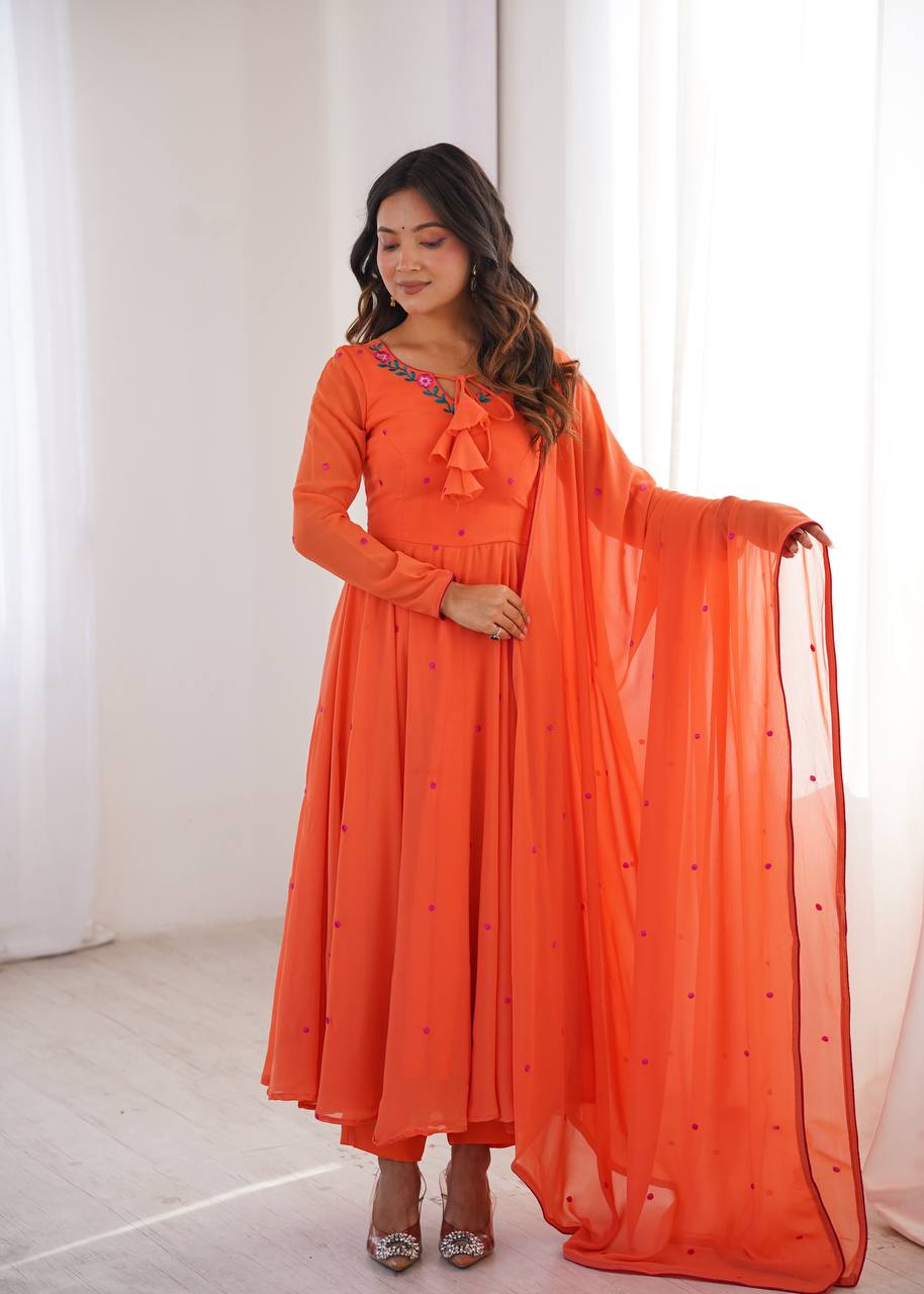 Embroidered Anarkali Suit Set With Pant & Dupatta