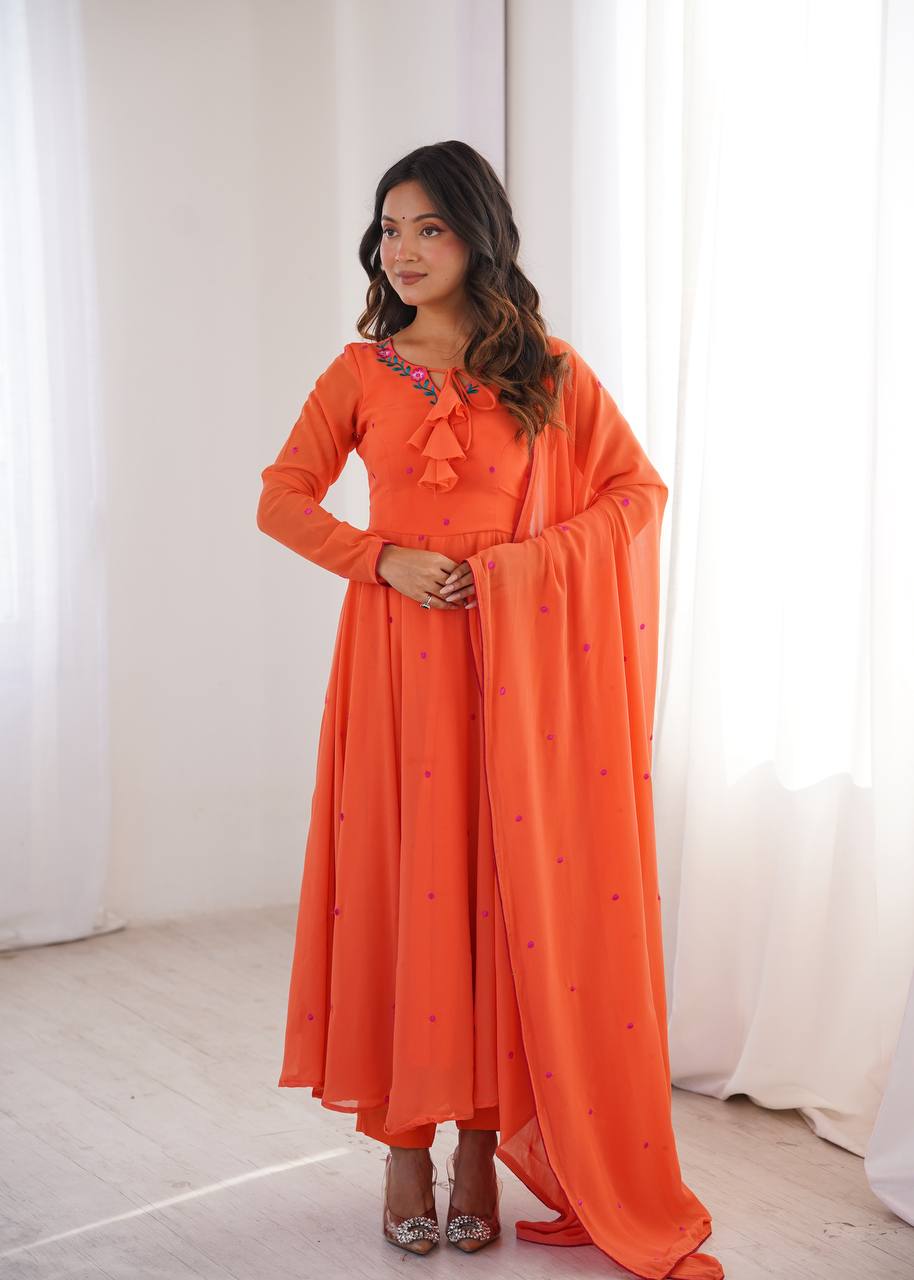Embroidered Anarkali Suit Set With Pant & Dupatta