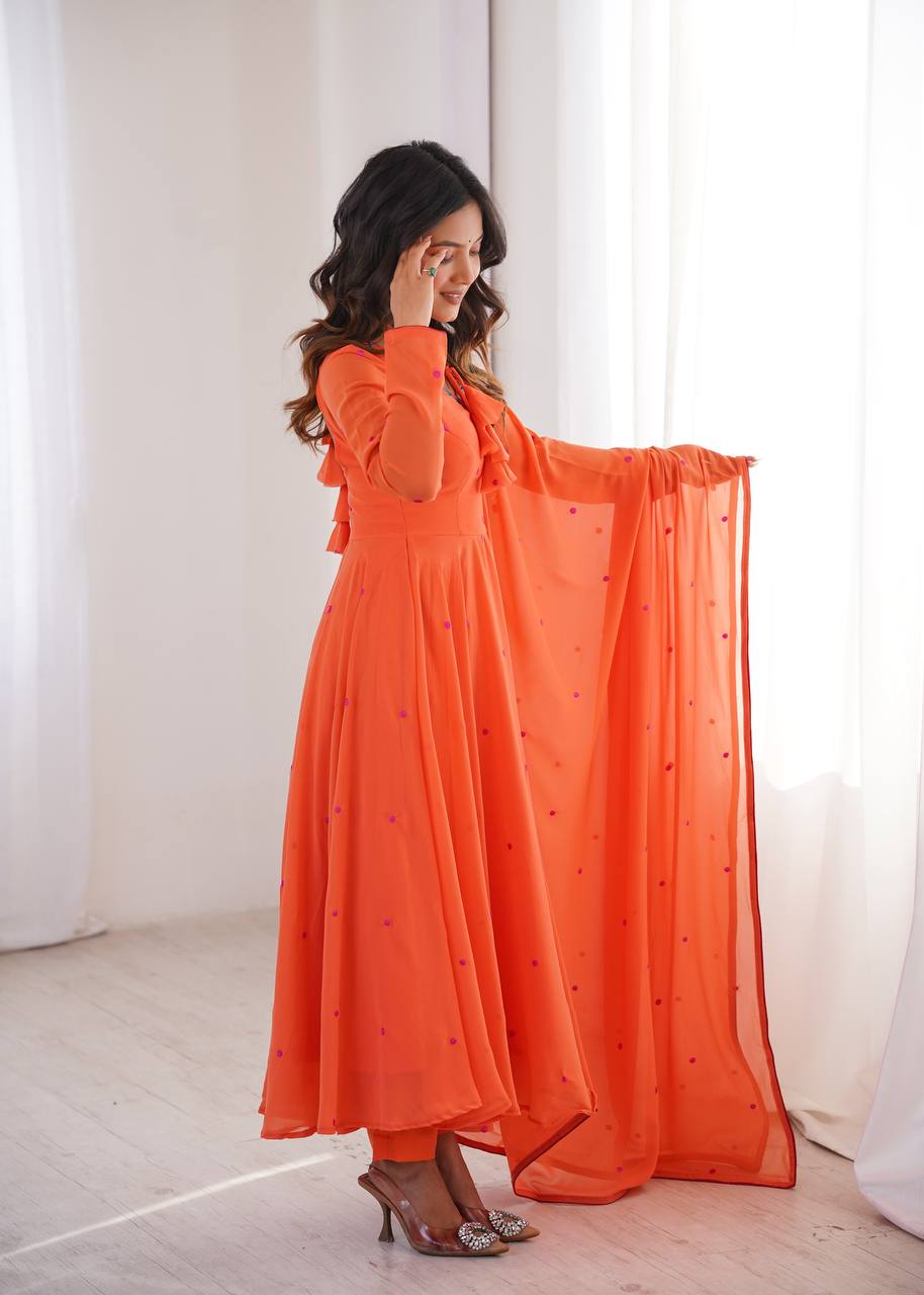 Embroidered Anarkali Suit Set With Pant & Dupatta