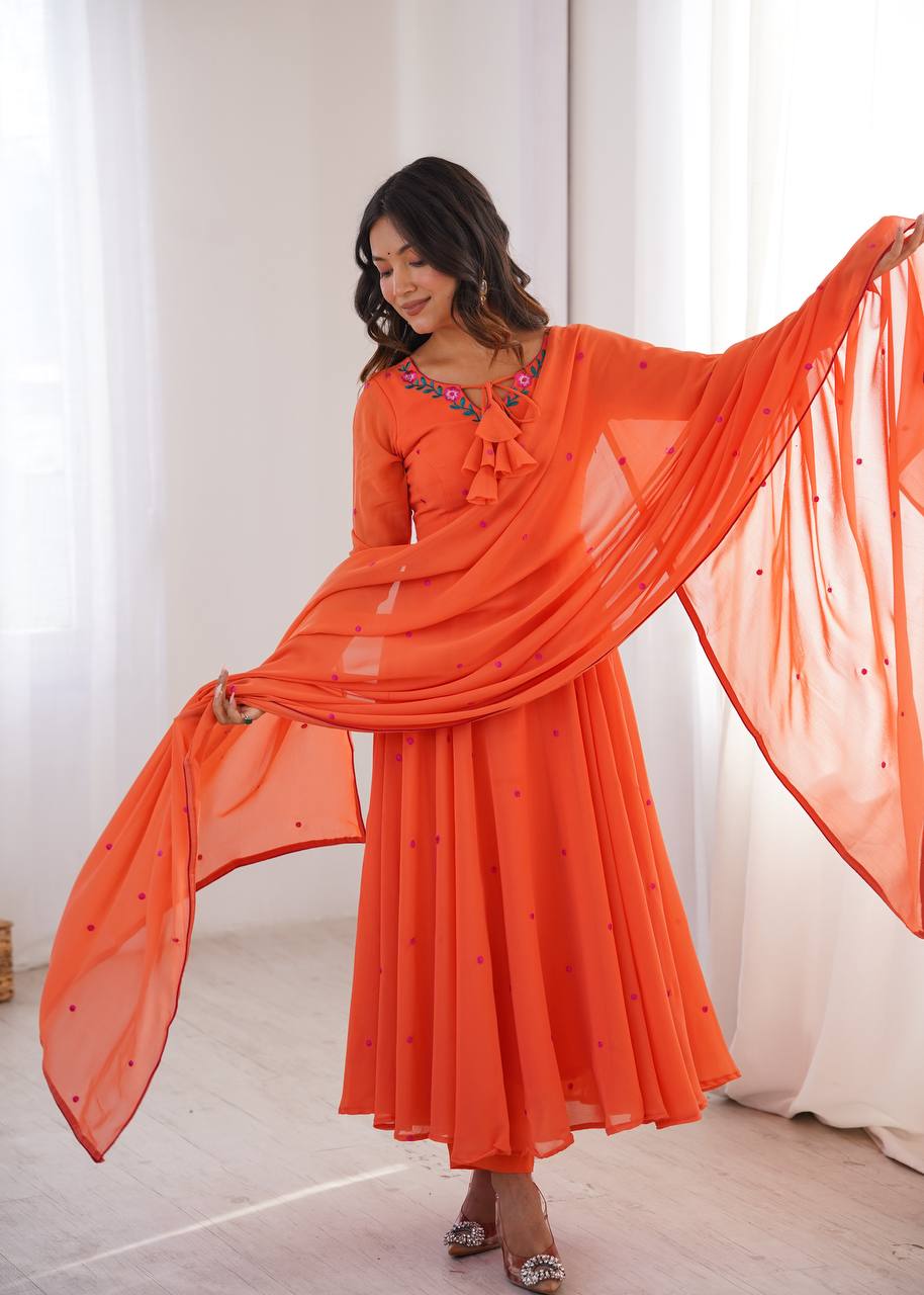 Embroidered Anarkali Suit Set With Pant & Dupatta