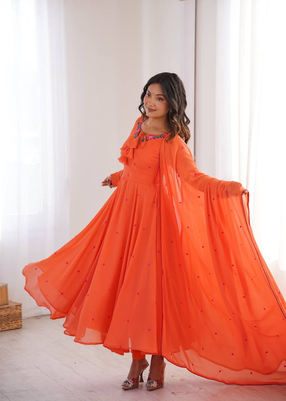 Embroidered Anarkali Suit Set With Pant & Dupatta