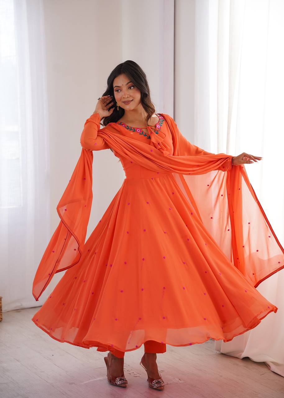Embroidered Anarkali Suit Set With Pant & Dupatta