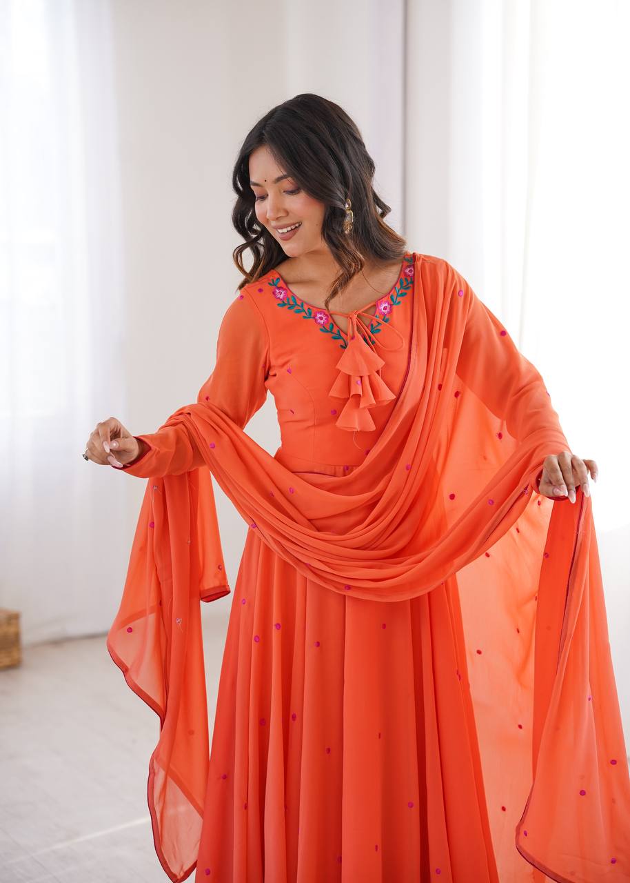 Embroidered Anarkali Suit Set With Pant & Dupatta