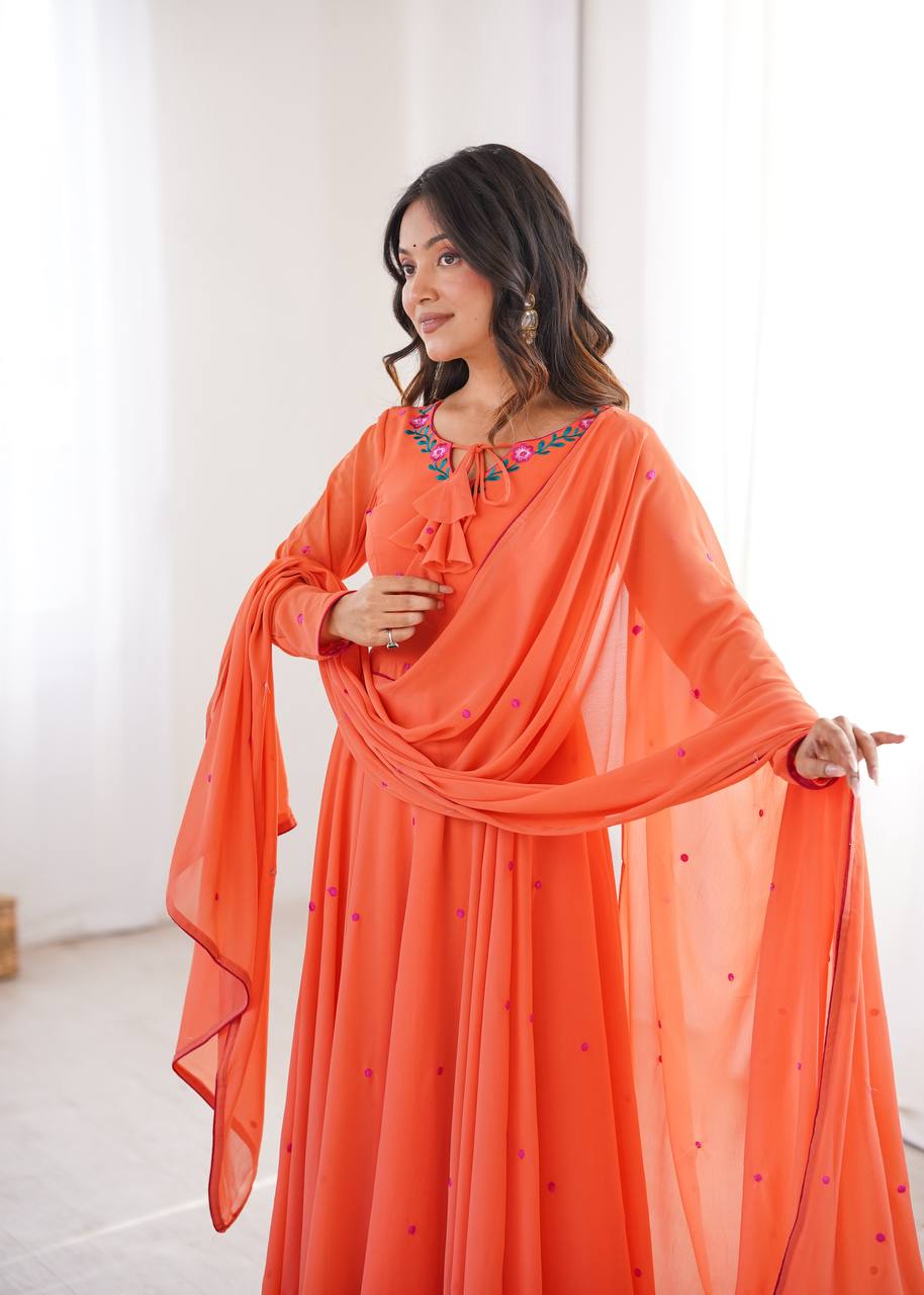 Embroidered Anarkali Suit Set With Pant & Dupatta