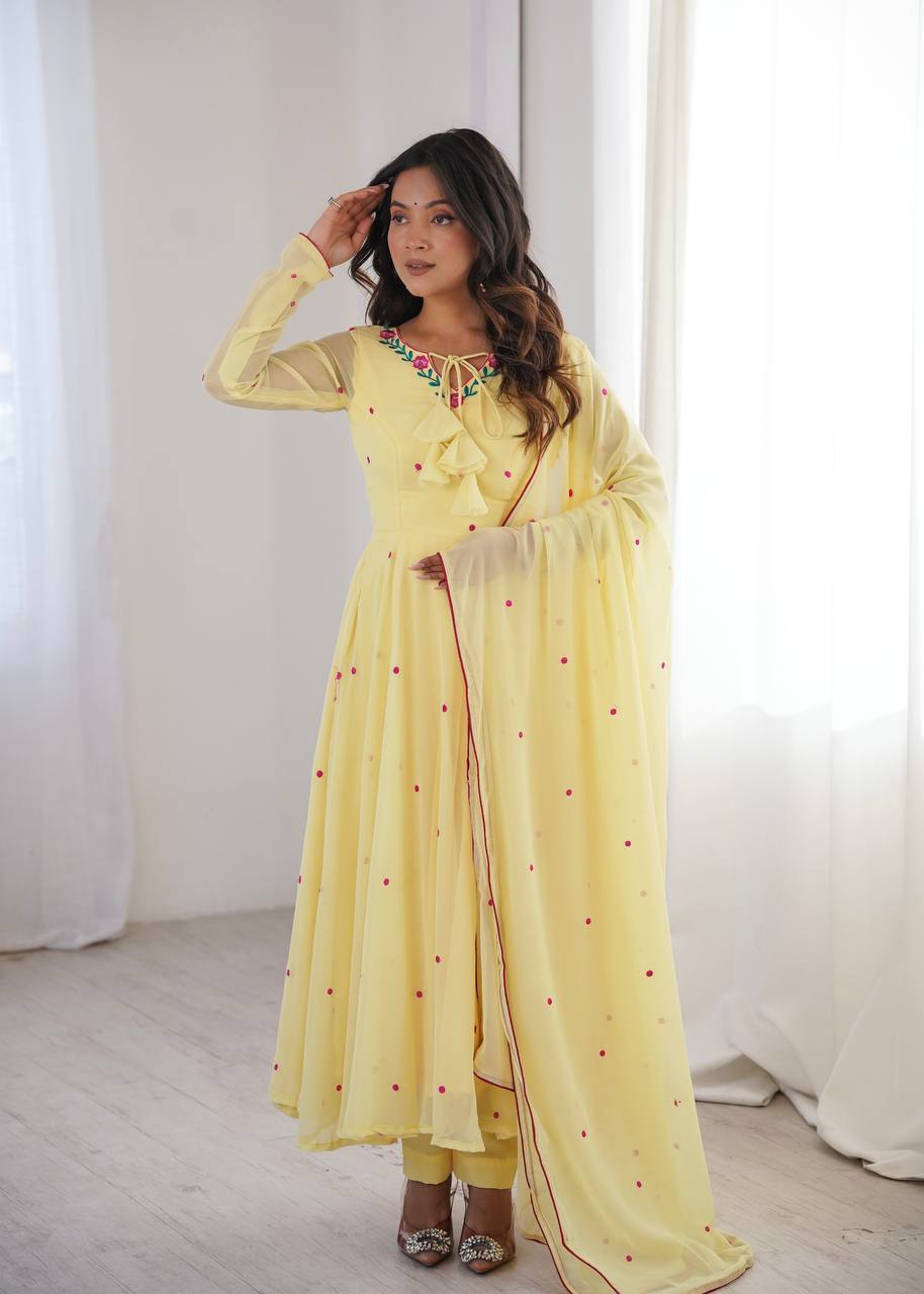 Embroidered Anarkali Suit Set With Pant & Dupatta
