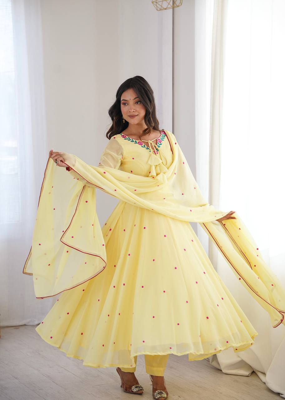 Embroidered Anarkali Suit Set With Pant & Dupatta
