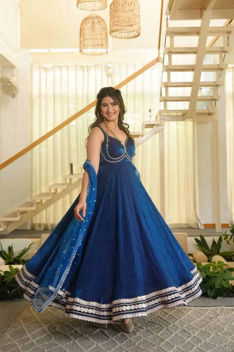Gown with Heavy Lace, 7 Meter Flair & Sequins Dupatta
