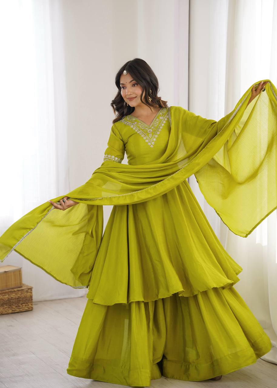 Lime Green Heavy Chinon Silk Embroidered Kurta Plazo Set with Dupatta
