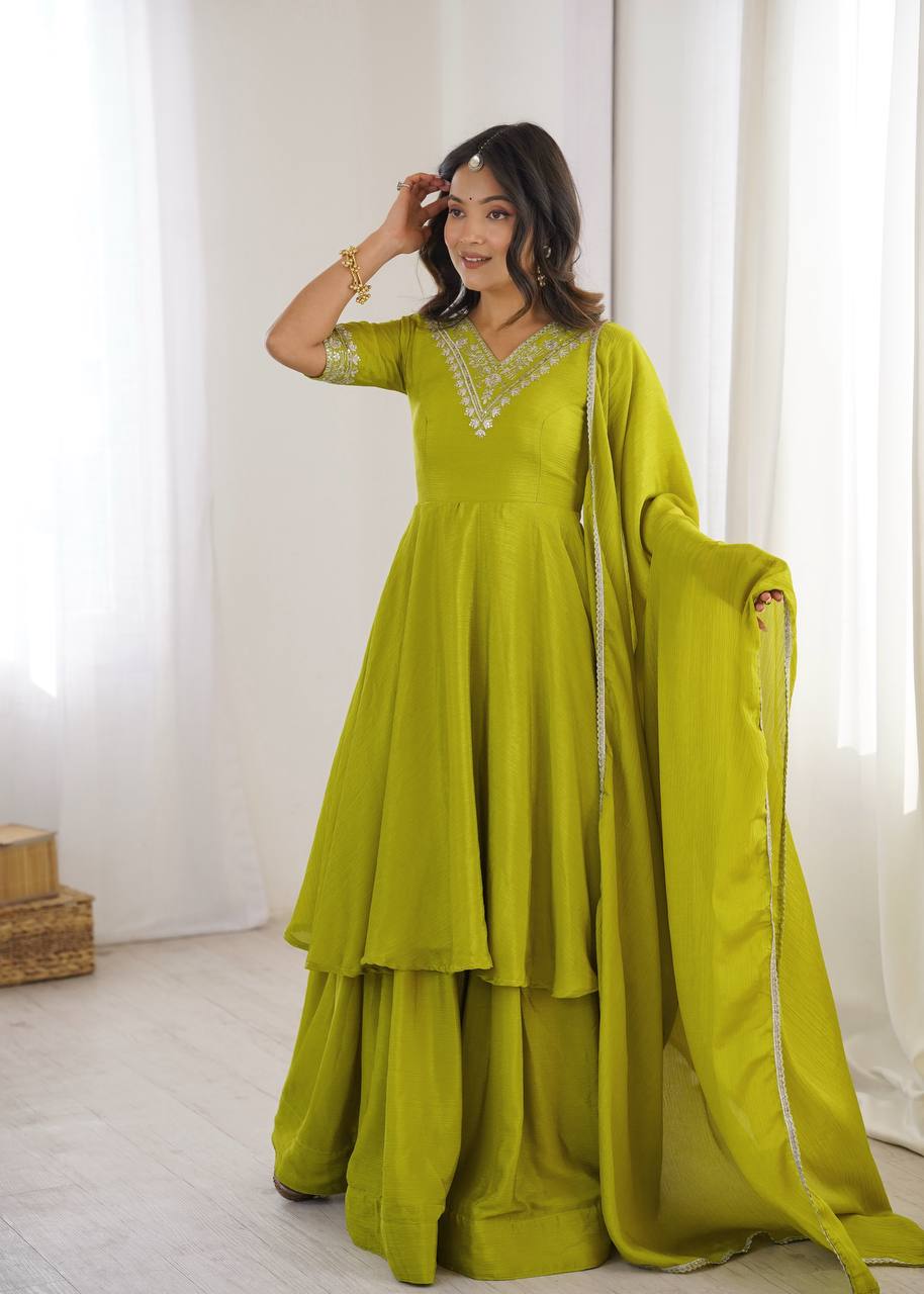 Lime Green Heavy Chinon Silk Embroidered Kurta Plazo Set with Dupatta