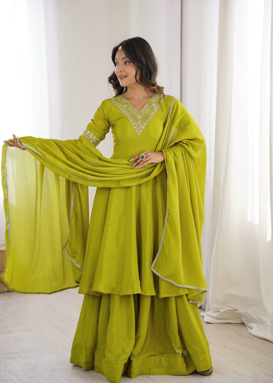 Lime Green Heavy Chinon Silk Embroidered Kurta Plazo Set with Dupatta