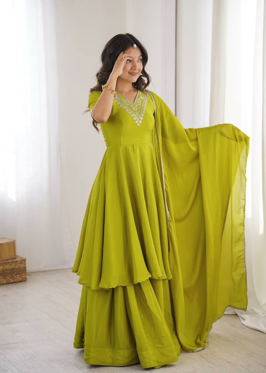 Lime Green Heavy Chinon Silk Embroidered Kurta Plazo Set with Dupatta