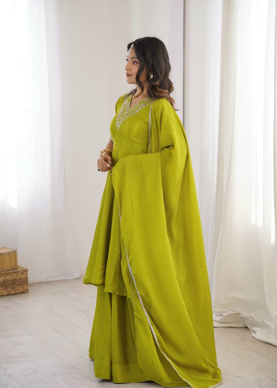 Lime Green Heavy Chinon Silk Embroidered Kurta Plazo Set with Dupatta