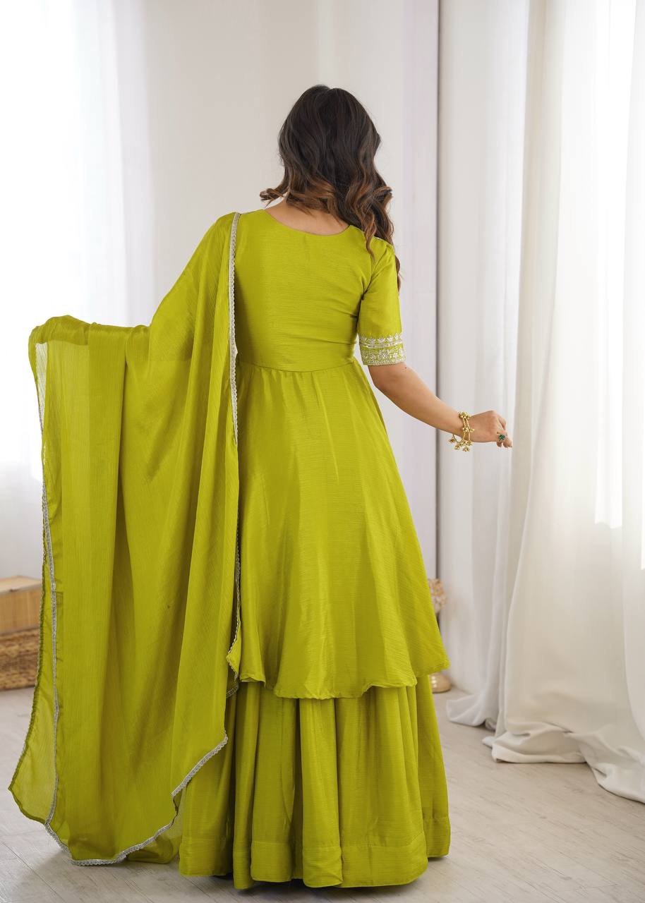 Lime Green Heavy Chinon Silk Embroidered Kurta Plazo Set with Dupatta