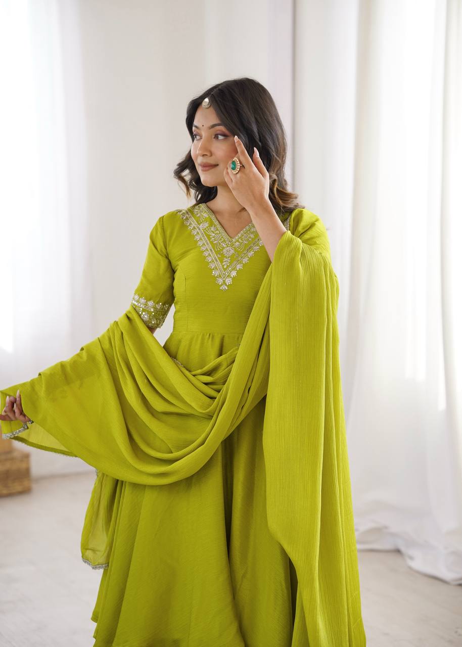 Lime Green Heavy Chinon Silk Embroidered Kurta Plazo Set with Dupatta