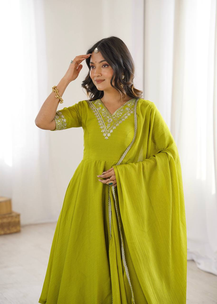 Lime Green Heavy Chinon Silk Embroidered Kurta Plazo Set with Dupatta