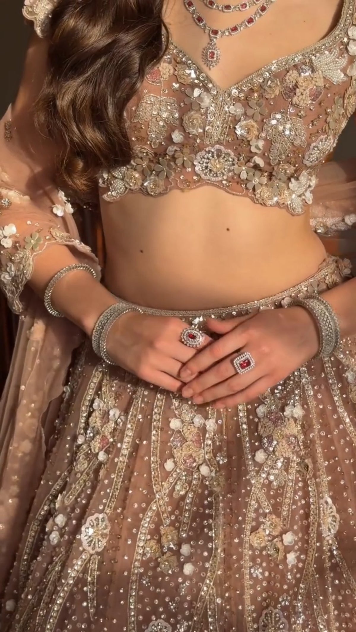 Rose Gold Butterfly Soft Net Lehenga Choli with Heavy Sequin & Dori Work